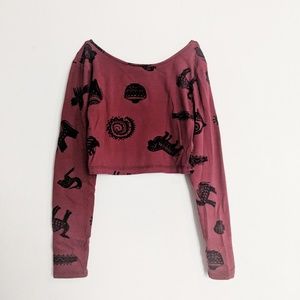Red Long Sleeve Crop Top w Ancient Symbols Pattern